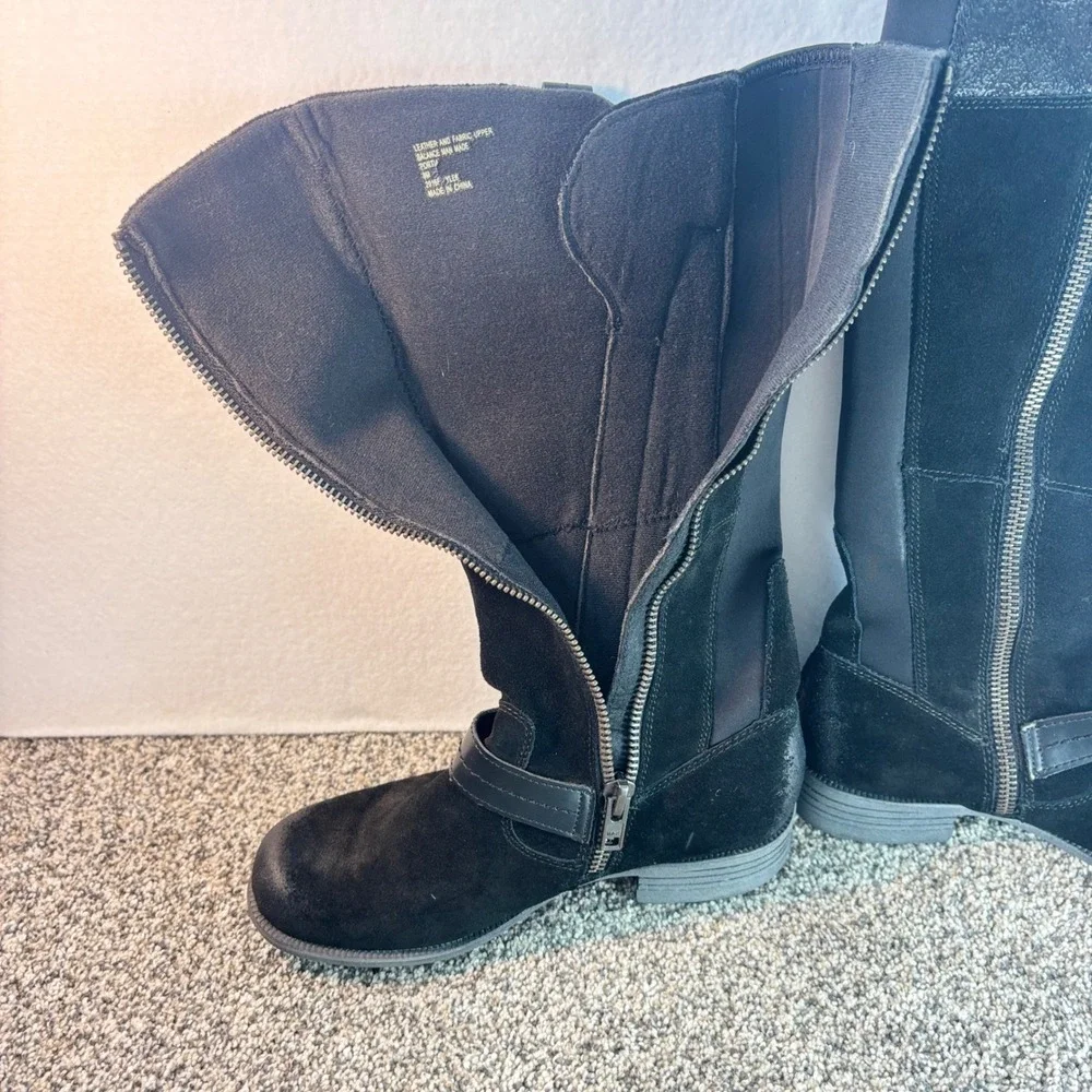 Earth Origins Black Suede Tall Boots Women Mixed Media Buckle Strap Zip Size 8